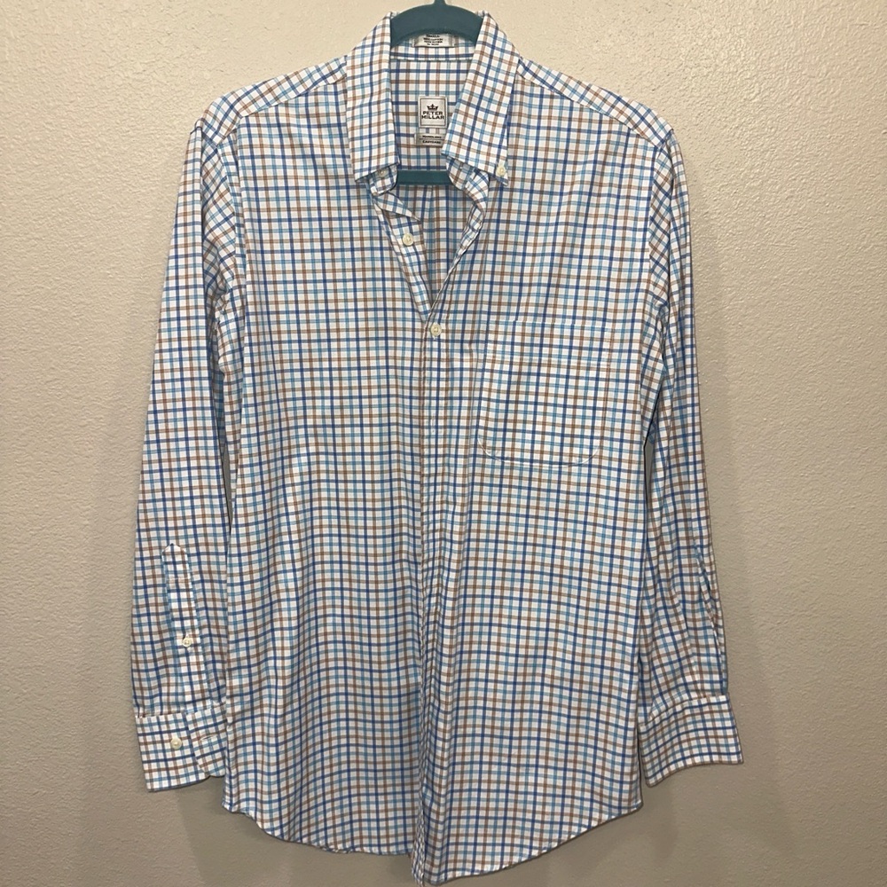 Peter Millar Blue and Orange Checkered Shirt